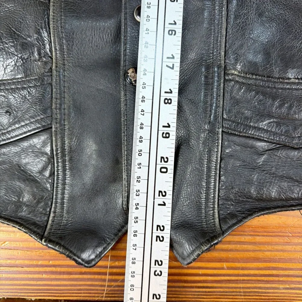 VTG Men Leather Vest Black Motorcycle Biker Sz Small Embossed Eagle 90’s w/Pins